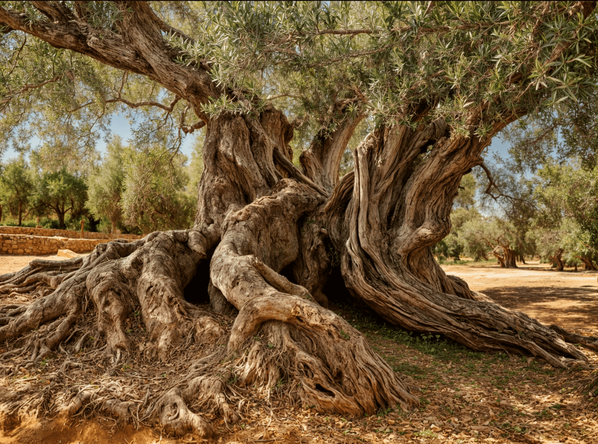 Primer plano del olivo más viejo de España, con un tronco monumental y raíces retorcidas que reflejan siglos de historia. Su robustez y majestuosa presencia lo convierten en un símbolo natural de longevidad. 