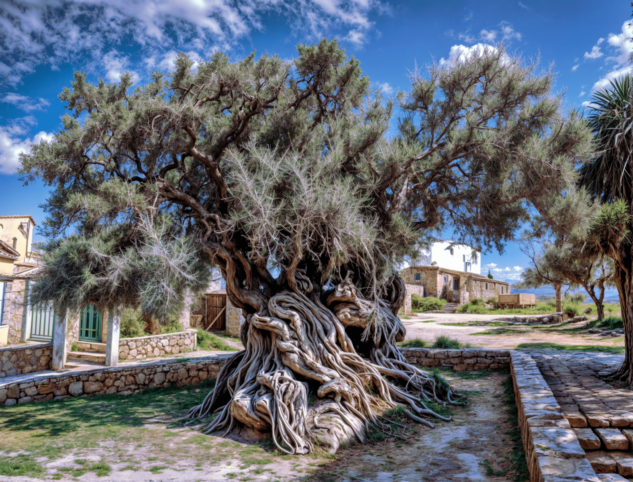 Fotografía del olivo más viejo del mundo, con un tronco retorcido y una imponente copa verde en un entorno rural soleado. Este árbol milenario, símbolo del Mediterráneo, muestra la majestuosidad de la naturaleza.