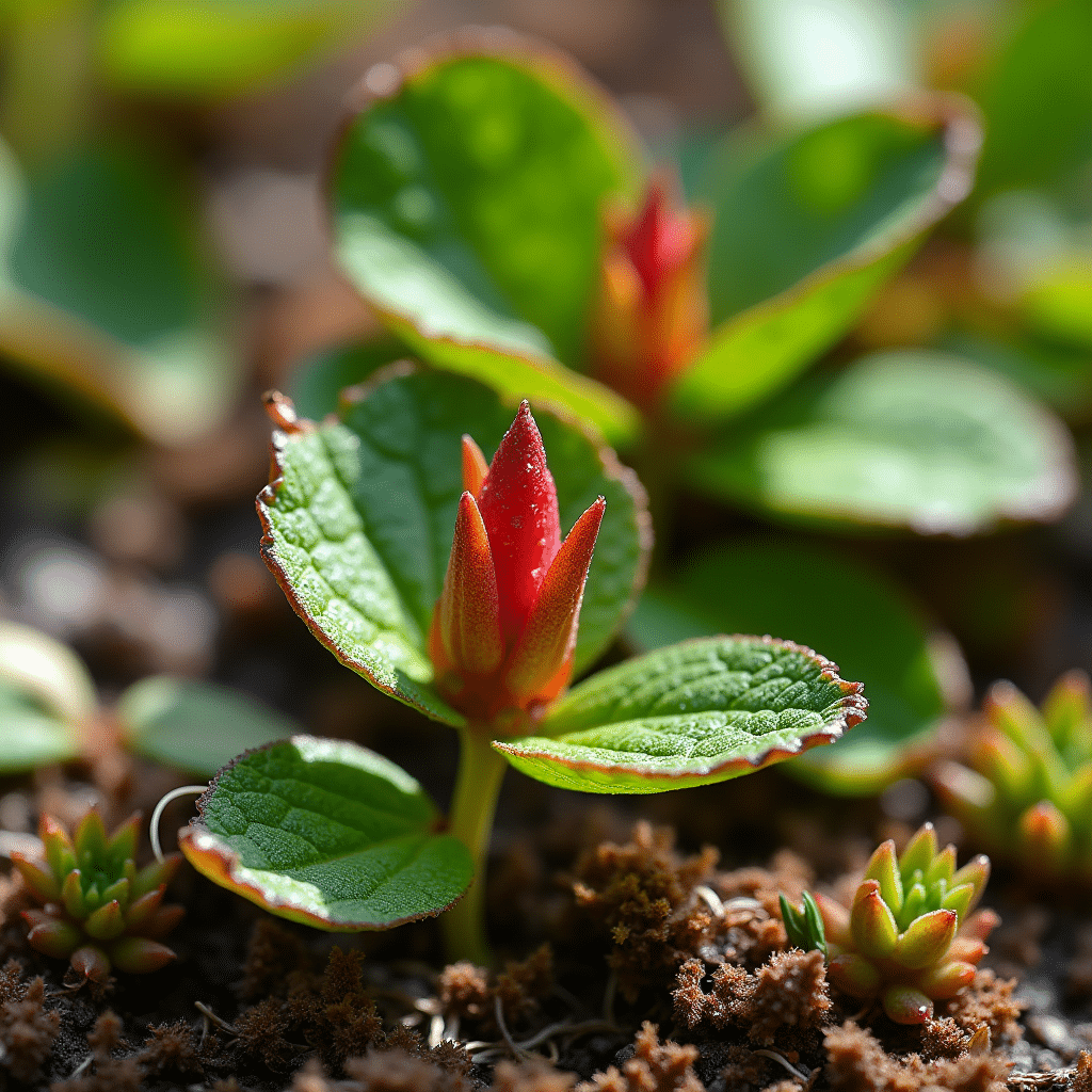 Primer plano del sauce enano (Salix herbacea), el árbol más pequeño del mundo, con hojas verdes y un pequeño brote rojizo, creciendo entre musgo y plantas bajas. Esta especie única sobrevive en climas extremos. 