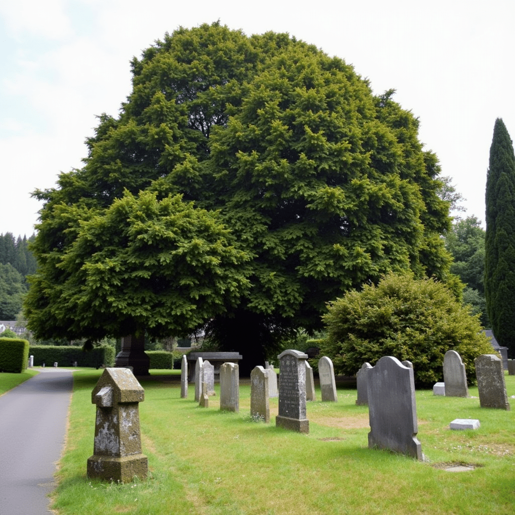 Imagen del Tejo de Llangernyw, el árbol más viejo de Europa, ubicado en un cementerio antiguo rodeado de lápidas y caminos verdes. Su frondosa copa verde y su entorno tranquilo destacan su longevidad y simbolismo histórico. 