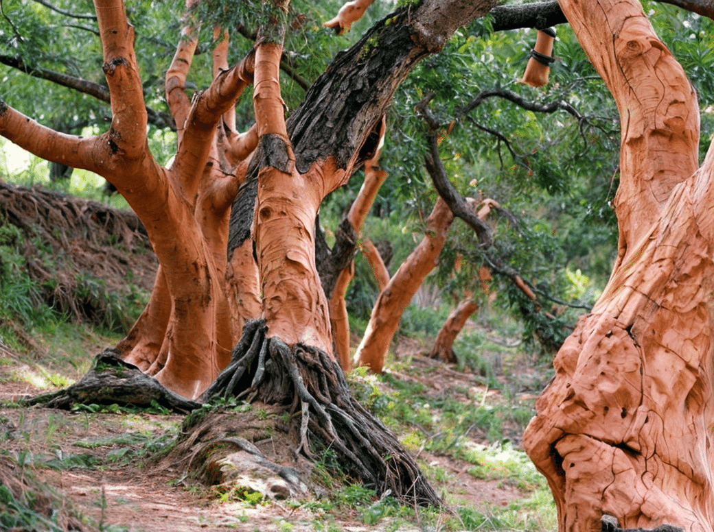 Alcornocal con troncos descorchados, mostrando su color rojizo característico y copas verdes en un entorno natural. 