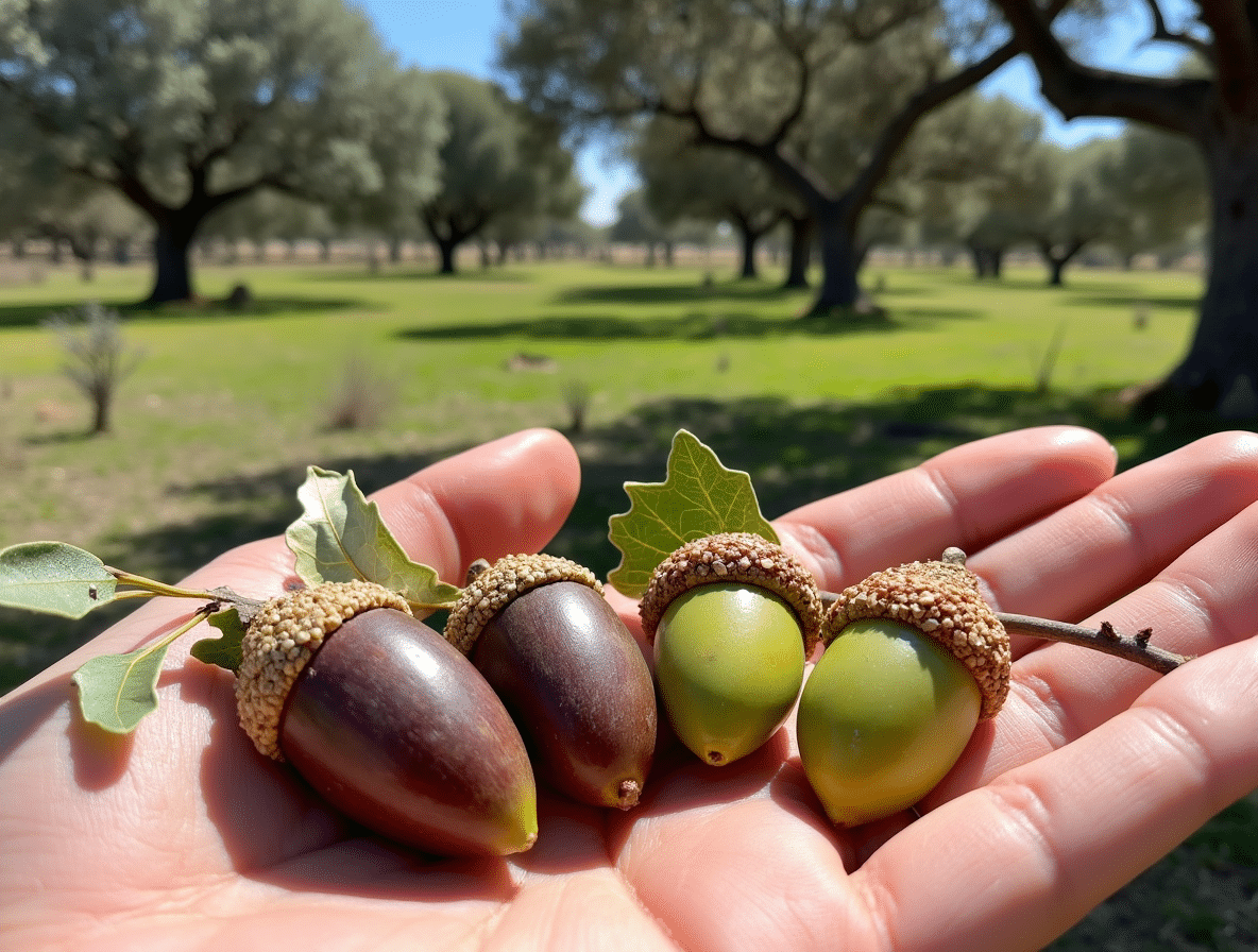 Comparativa de bellotas de encina y alcornoque sostenidas en una mano, destacando las diferencias de color y tamaño entre ambas.