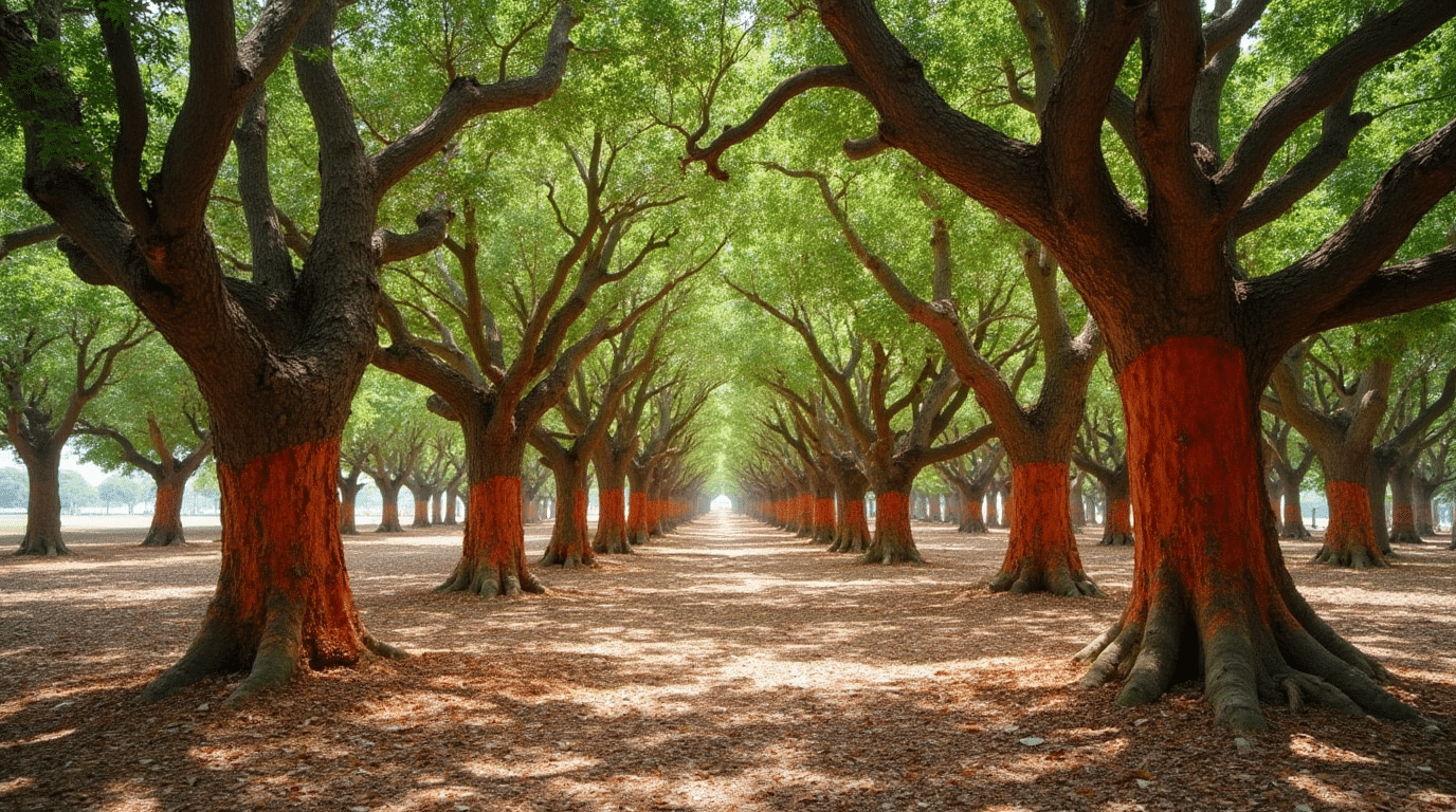 Vista de un alcornocal tras el descorche, mostrando árboles de troncos rojizos al desnudo y copas verdes en un paisaje natural..