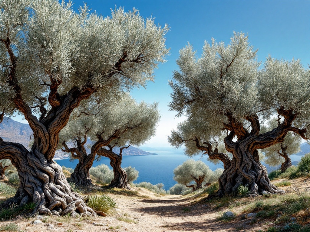 Vista de olivos centenarios frente al mar en un entorno natural, mostrando la majestuosidad y longevidad de estos árboles. Descubre cuánto tarda en crecer un olivo y cuánto vive en Ginartoleas.