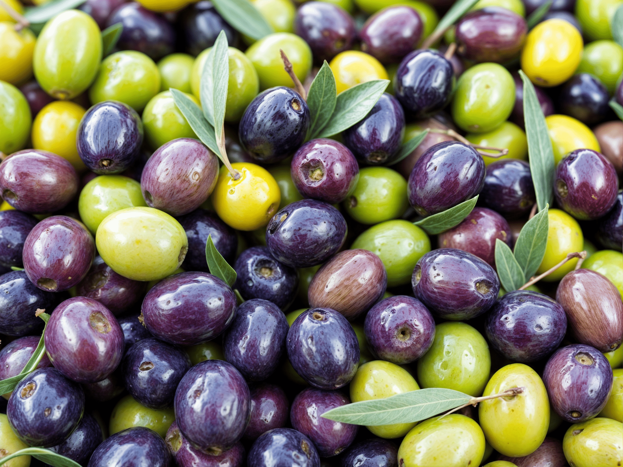 Variadas aceitunas recién recolectadas en tonos verdes, morados y negros, ilustrando la diversidad y etapas de maduración.