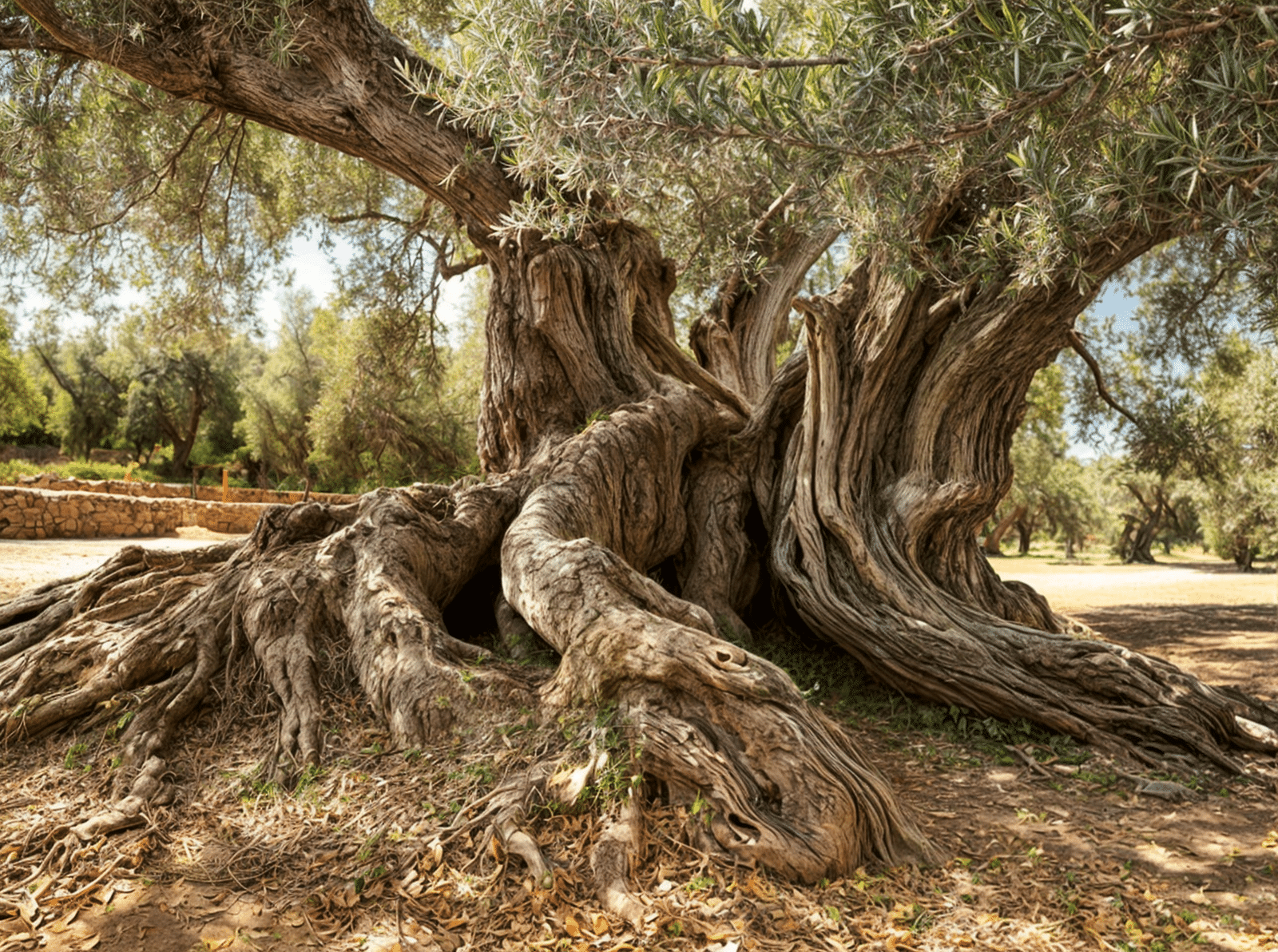 Olivo monumental milenario con tronco retorcido en un campo mediterráneo, símbolo de historia y longevidad del Olea europaea.