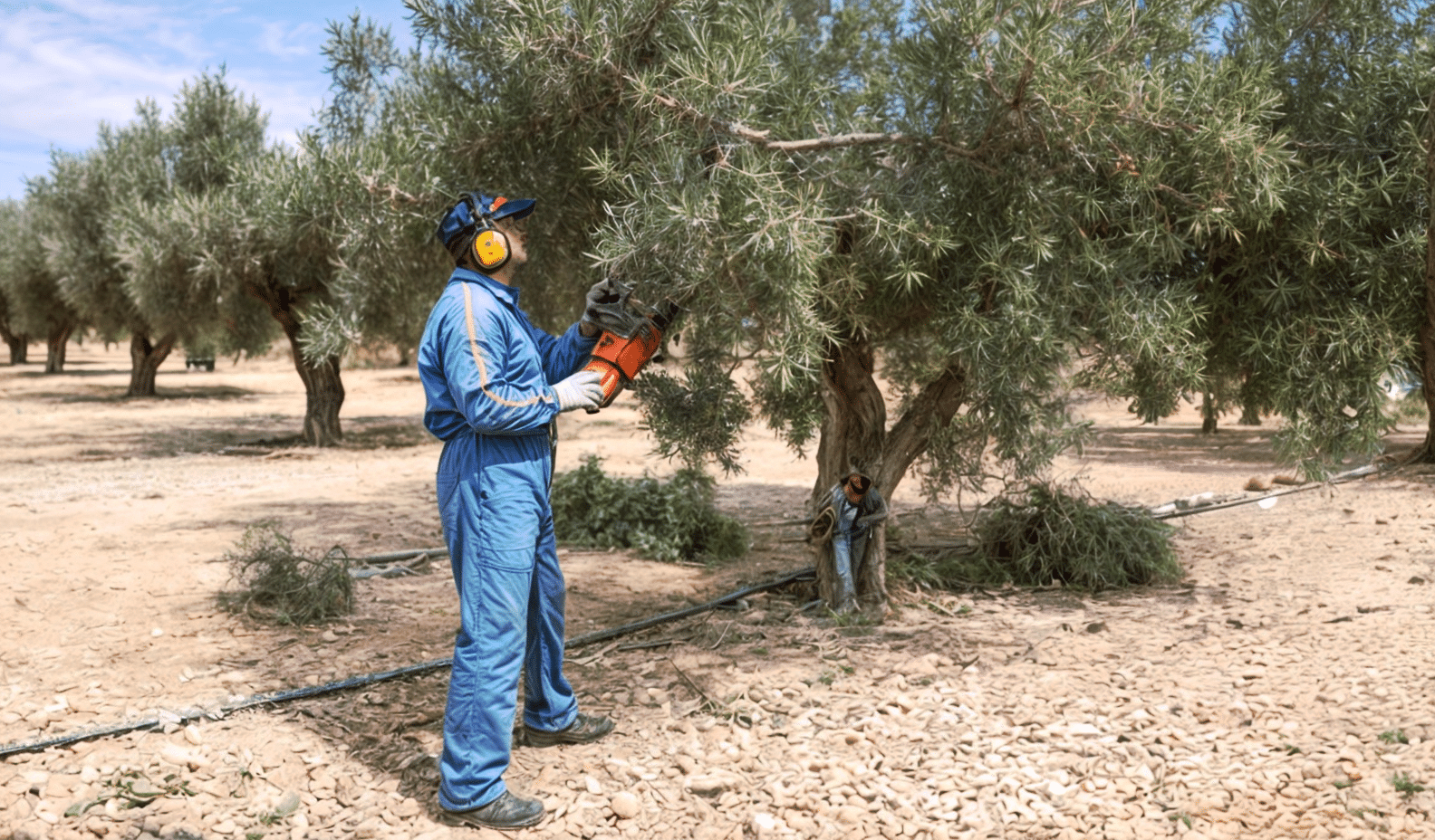 Trabajador podando un olivo con una motosierra en un olivar.