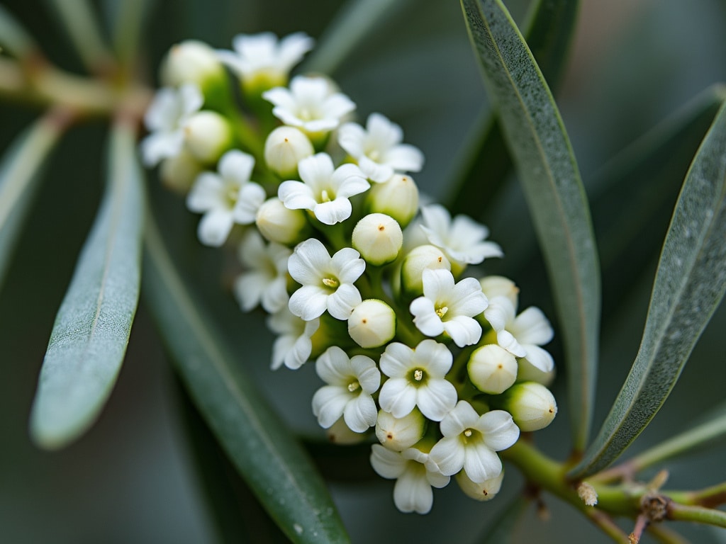 Primer plano de la flor del olivo en plena floración en Ginartoleas, mostrando los detalles de los pétalos blancos y las hojas verdes.