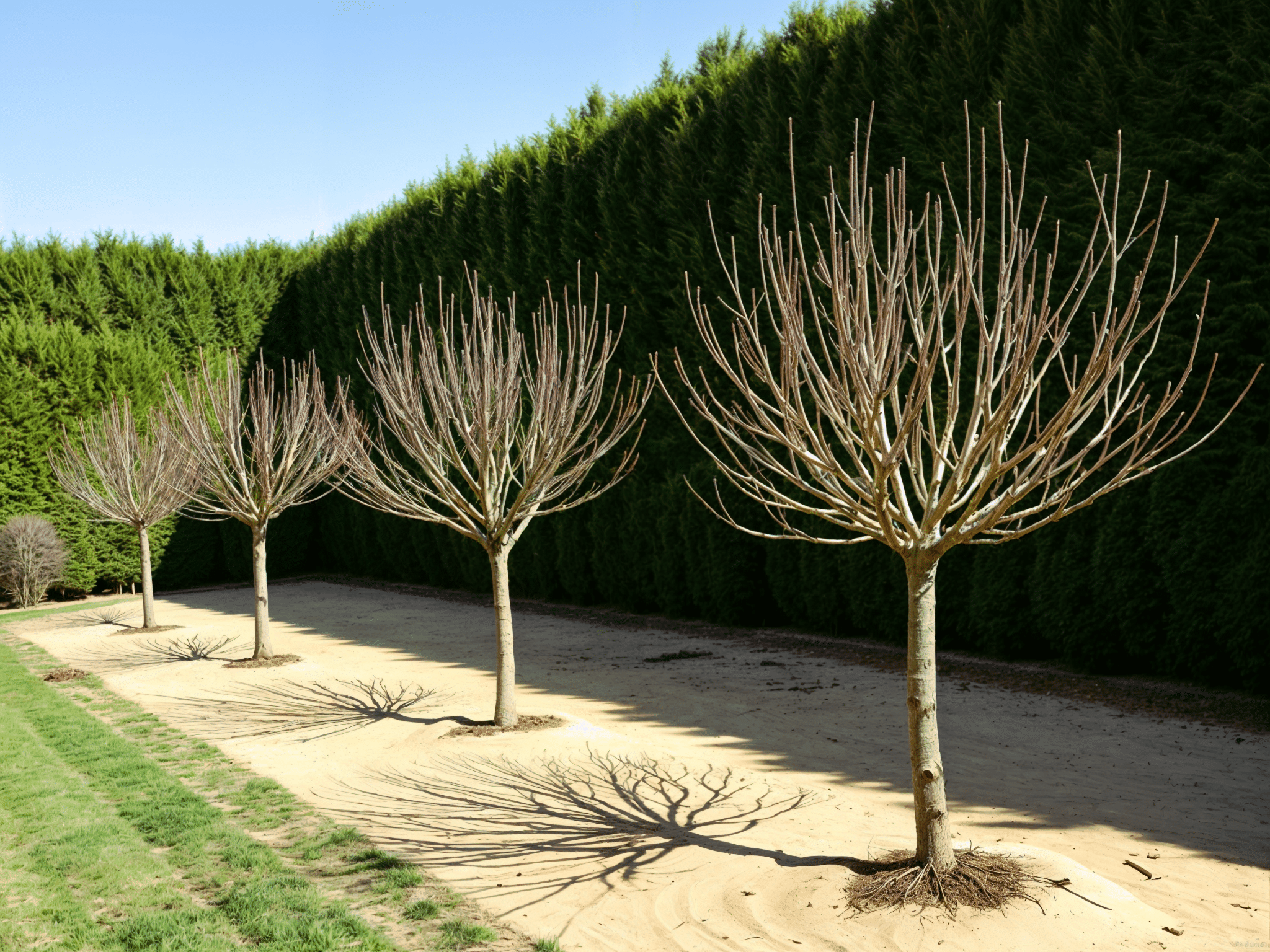 Fila de moreras podadas en un jardín, mostrando cómo y cuándo podar una morera según el calendario recomendado por Ginartoleas.